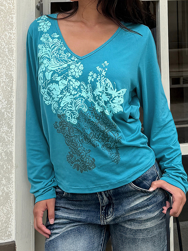 EMMIOL Blue Printed V-Neck Long Sleeve