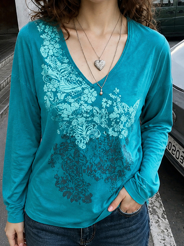 EMMIOL Blue Printed V-Neck Long Sleeve