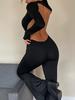 EMMIOL Solid Long Sleeve Flare Leg Jumpsuit