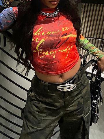 Patchwork Printed Mesh Long Sleeve Crop Top