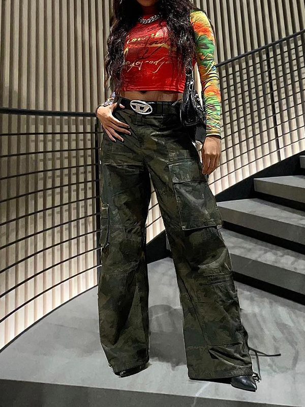 EMMIOL Patchwork Printed Mesh Long Sleeve Crop Top