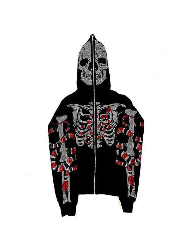 EMMIOL Men's Skull Snake Rhinestone Zip Up Oversized Hoodie