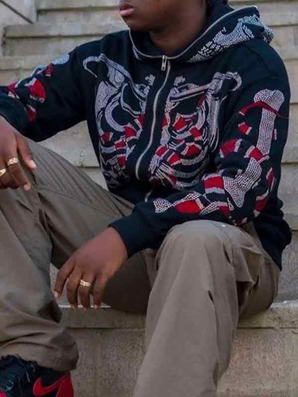 EMMIOL Men's Skull Snake Rhinestone Zip Up Oversized Hoodie