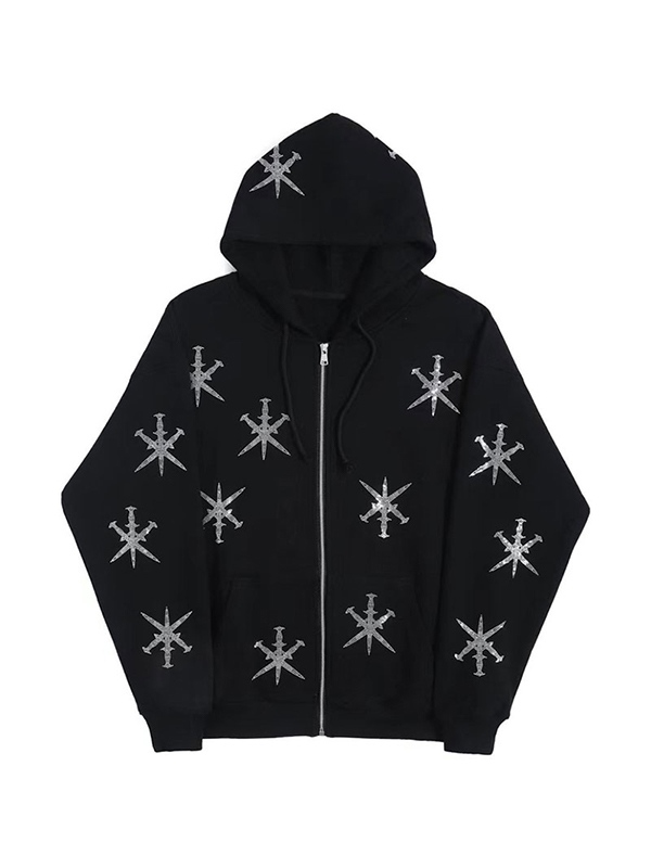 EMMIOL Men's Sword Rhinestone Print Zip Up Oversized Hoodie