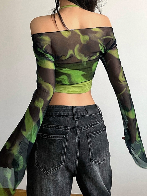 EMMIOL Camiseta de manga larga acampanada con estampado de malla en contraste de color
