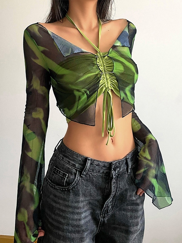 EMMIOL Camiseta de manga larga acampanada con estampado de malla en contraste de color