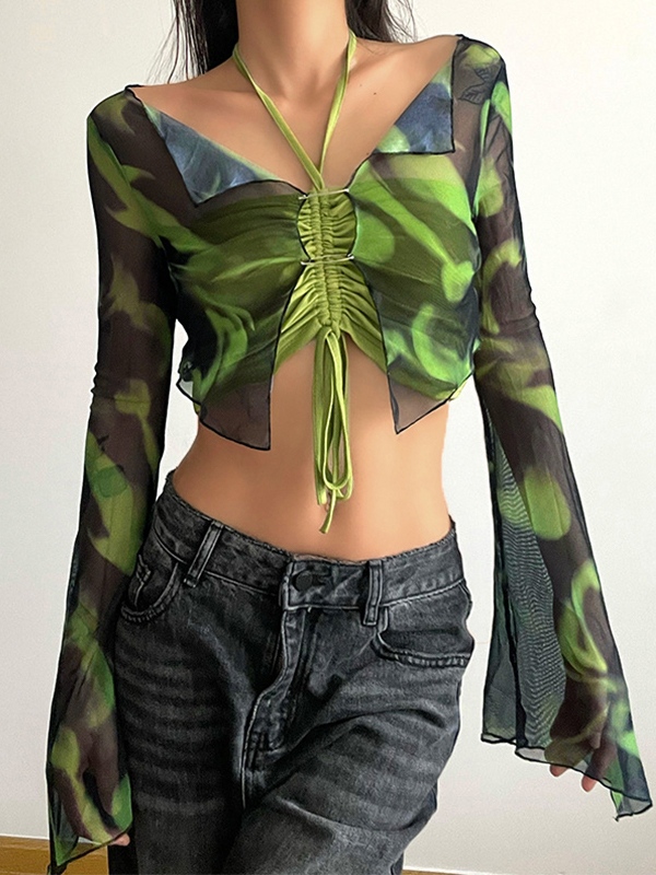 EMMIOL Camiseta de manga larga acampanada con estampado de malla en contraste de color