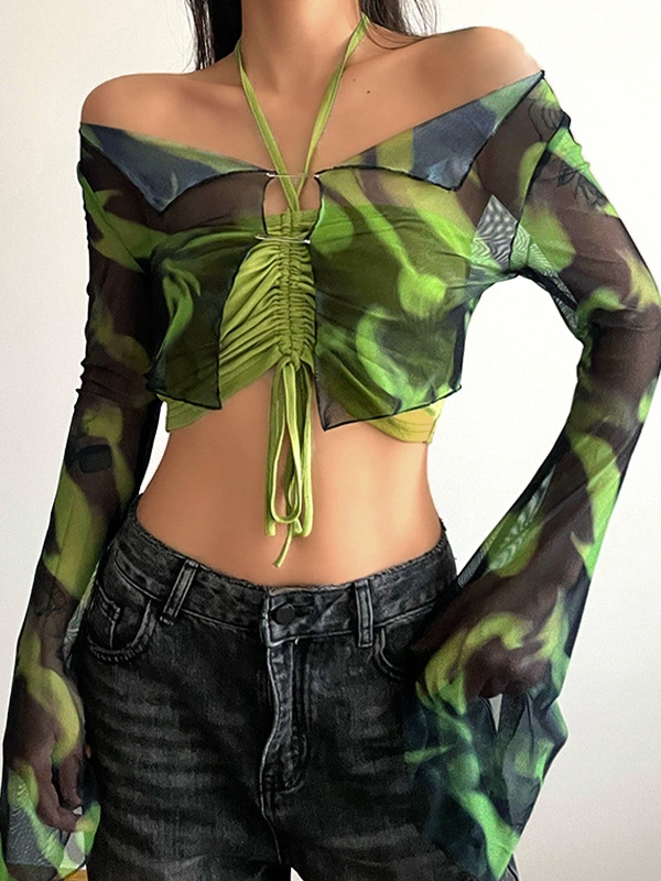 EMMIOL Camiseta de manga larga acampanada con estampado de malla en contraste de color