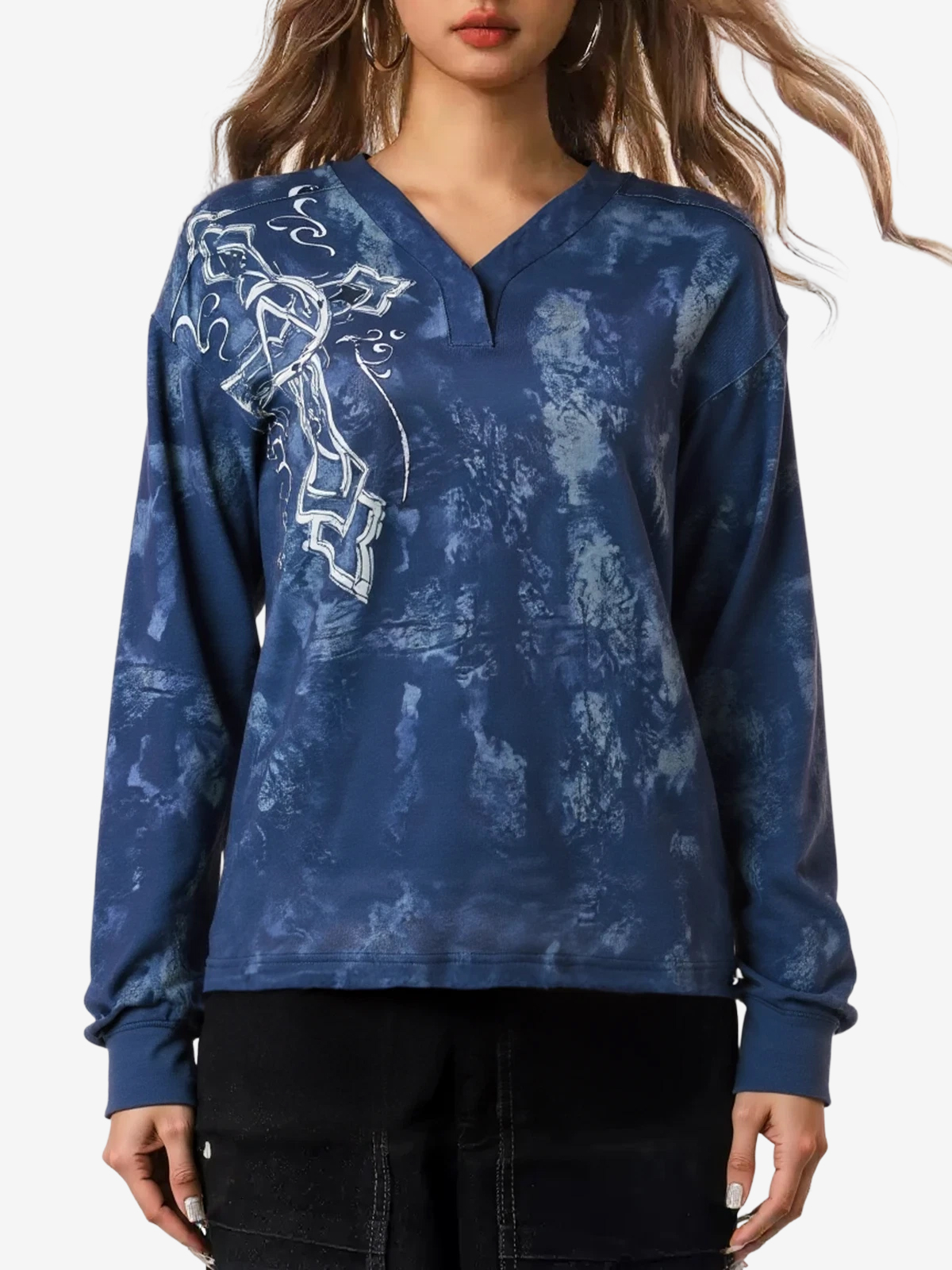 EMMIOL T-shirt a maniche lunghe oversize con stampa tie-dye e spalle cadenti