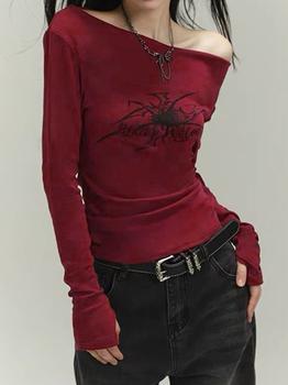 Emmiol Free shipping 2026 Off Shoulder Graphic Print Slim Long Sleeve