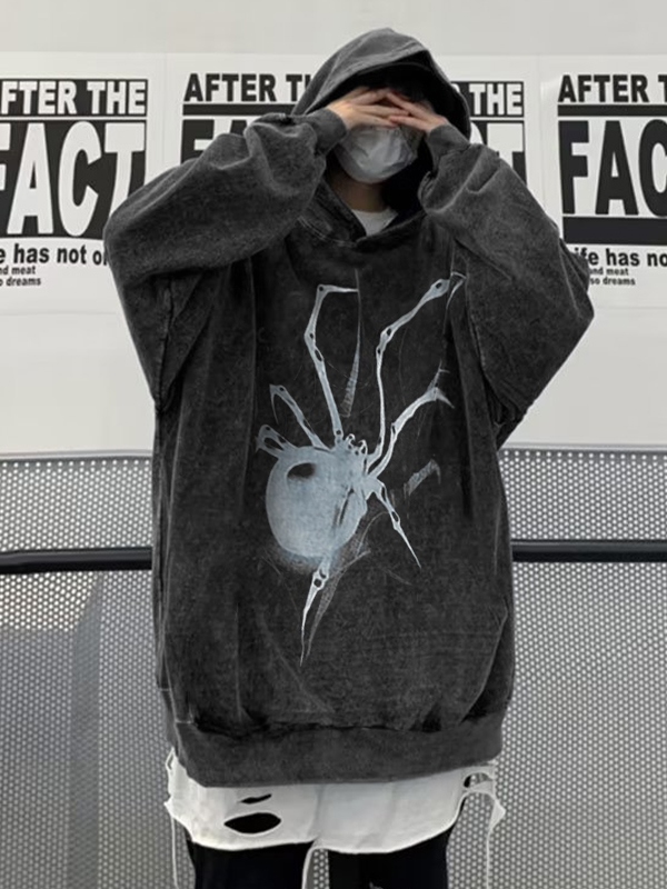 EMMIOL Sudadera con capucha extragrande con estampado de araña desgastada para hombre