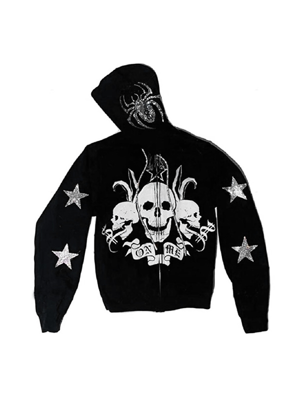 EMMIOL Star Spider Rhinestone Skull Print Zip Up Oversized Hoodie