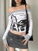 EMMIOL Camiseta de manga larga con empalme de rayas y hombros descubiertos con estampado punk