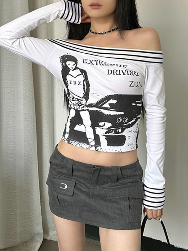 EMMIOL Camiseta de manga larga con empalme de rayas y hombros descubiertos con estampado punk