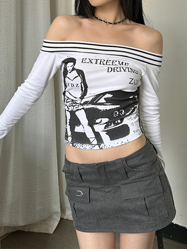 EMMIOL Camiseta de manga larga con empalme de rayas y hombros descubiertos con estampado punk