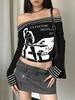 EMMIOL Camiseta de manga larga con empalme de rayas y hombros descubiertos con estampado punk