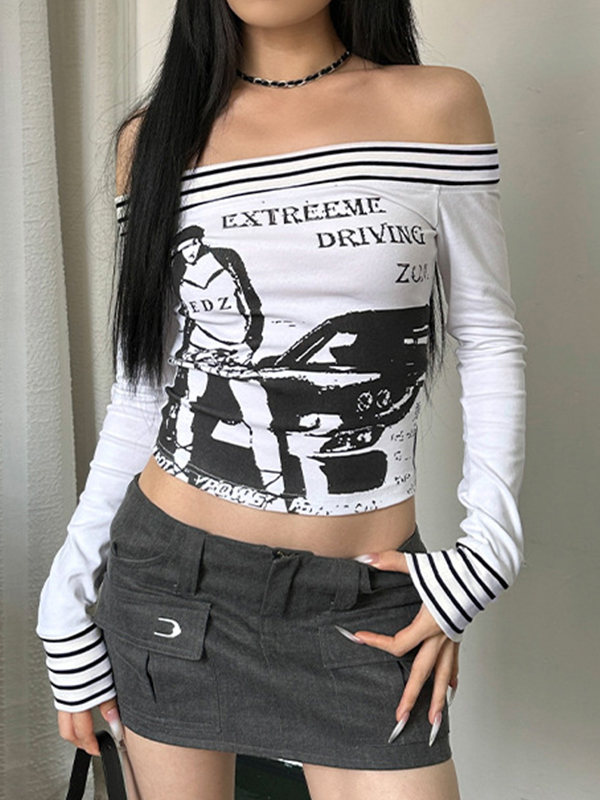 EMMIOL Camiseta de manga larga con empalme de rayas y hombros descubiertos con estampado punk