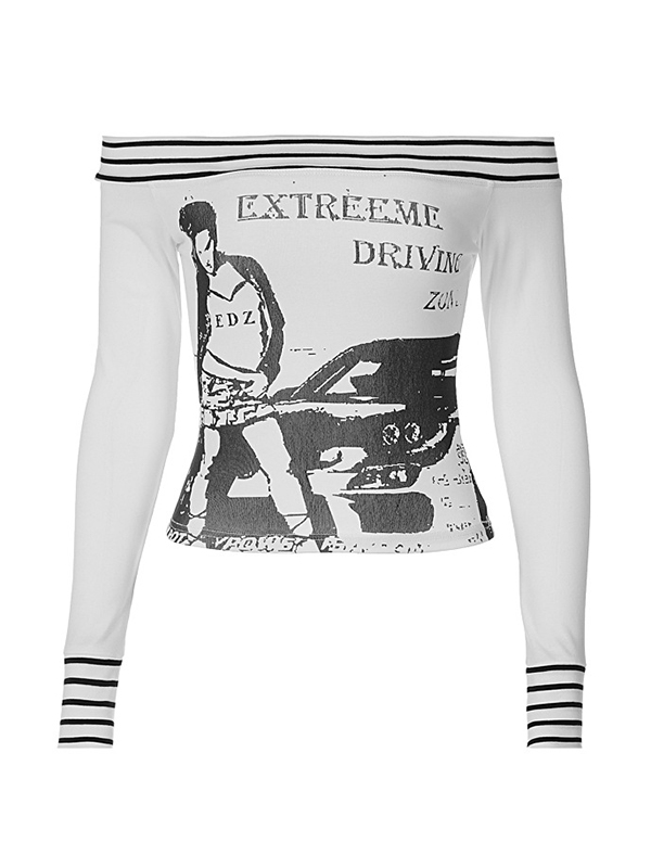 EMMIOL Camiseta de manga larga con empalme de rayas y hombros descubiertos con estampado punk