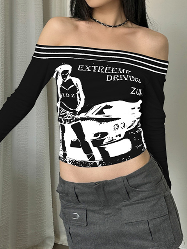 EMMIOL Schulterfreies, gestreiftes, gespleißtes Langarm-T-Shirt mit Punk-Print