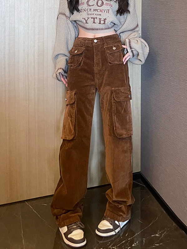Emmiol Free shipping 2023 Vintage Brown Corduroy Multi Pocket High Rise