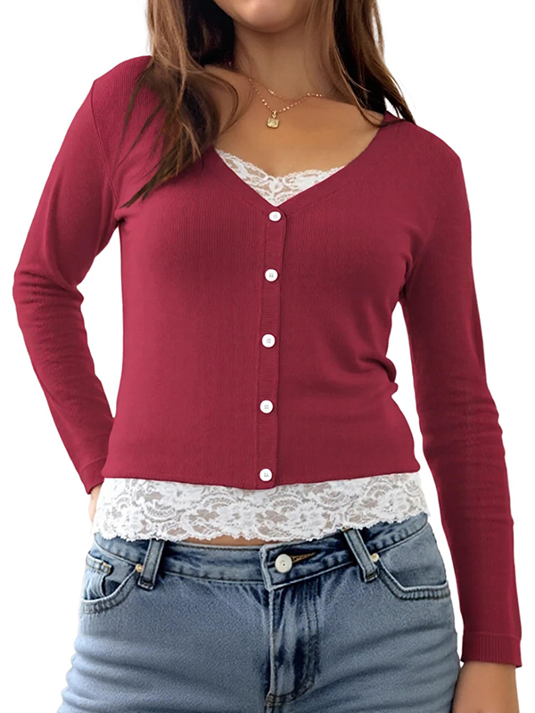 EMMIOL Fake Two Piece Lace Long Sleeve Tee