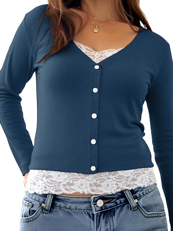 EMMIOL Fake Two Piece Lace Long Sleeve Tee