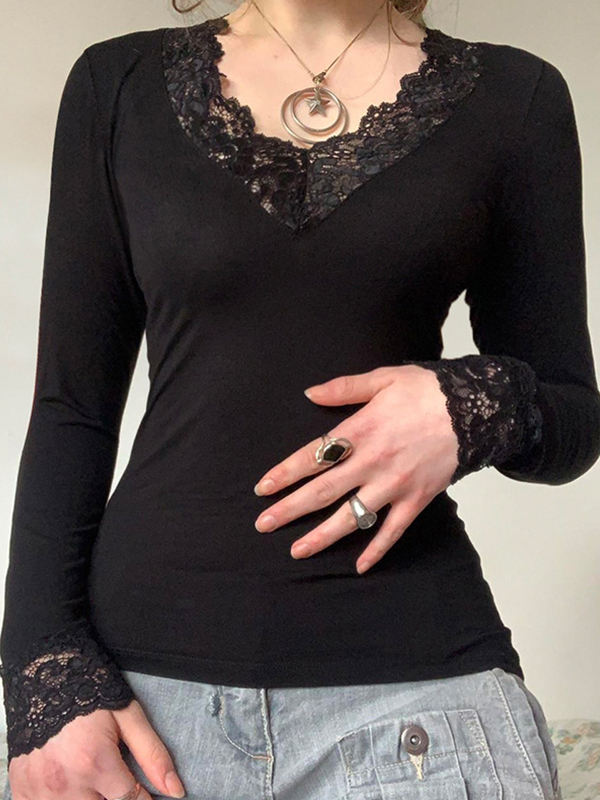 EMMIOL T-Shirt mit langen Ärmeln und Spitzen-Patchwork