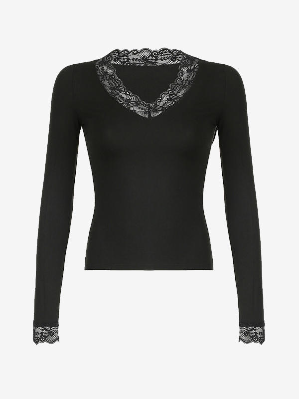 EMMIOL T-Shirt mit langen Ärmeln und Spitzen-Patchwork