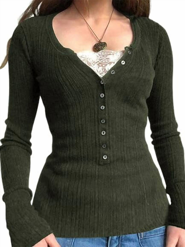 EMMIOL Lace Paneled Button Long Sleeve Knit Top