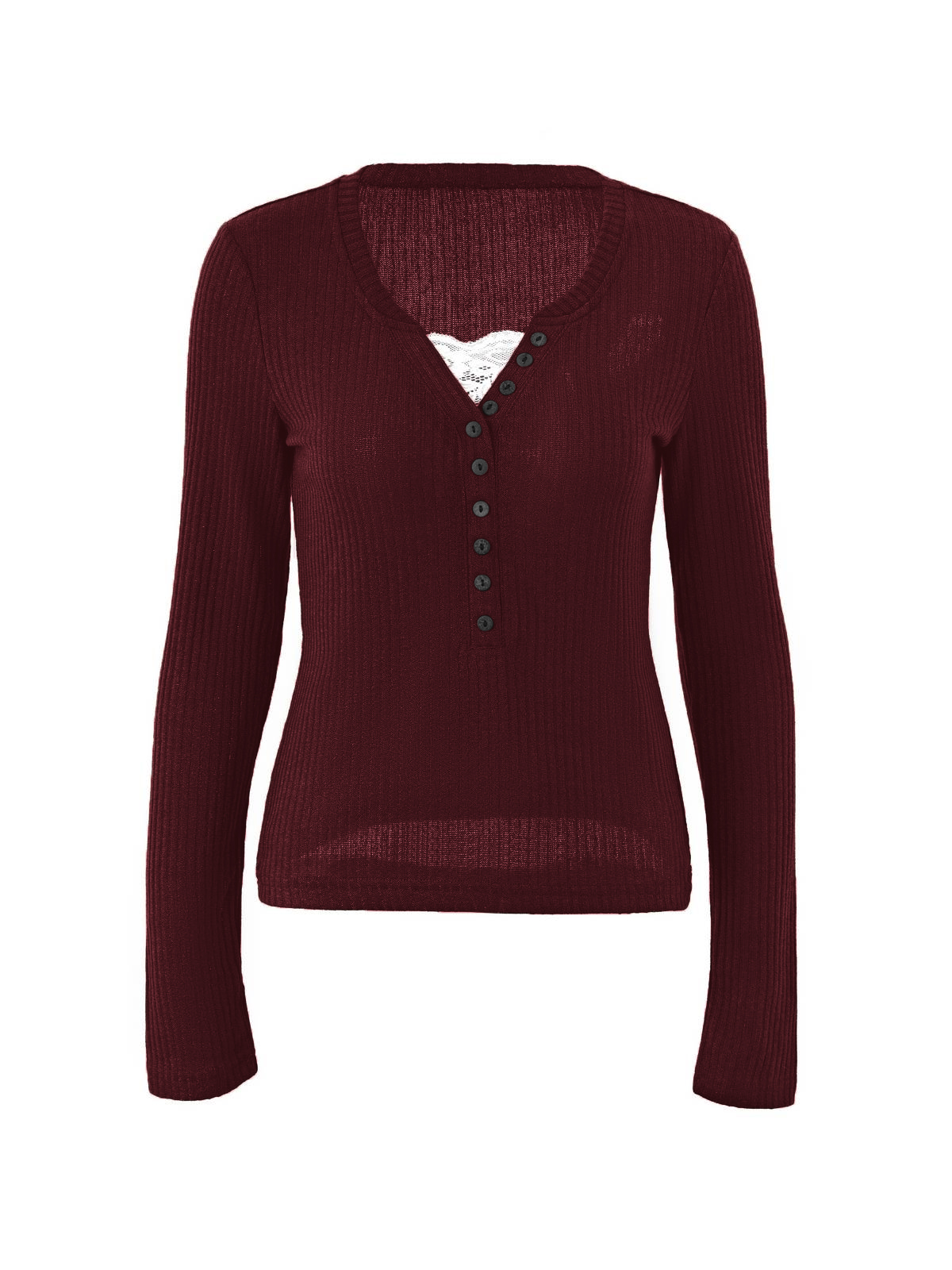 EMMIOL Lace Paneled Button Long Sleeve Knit Top