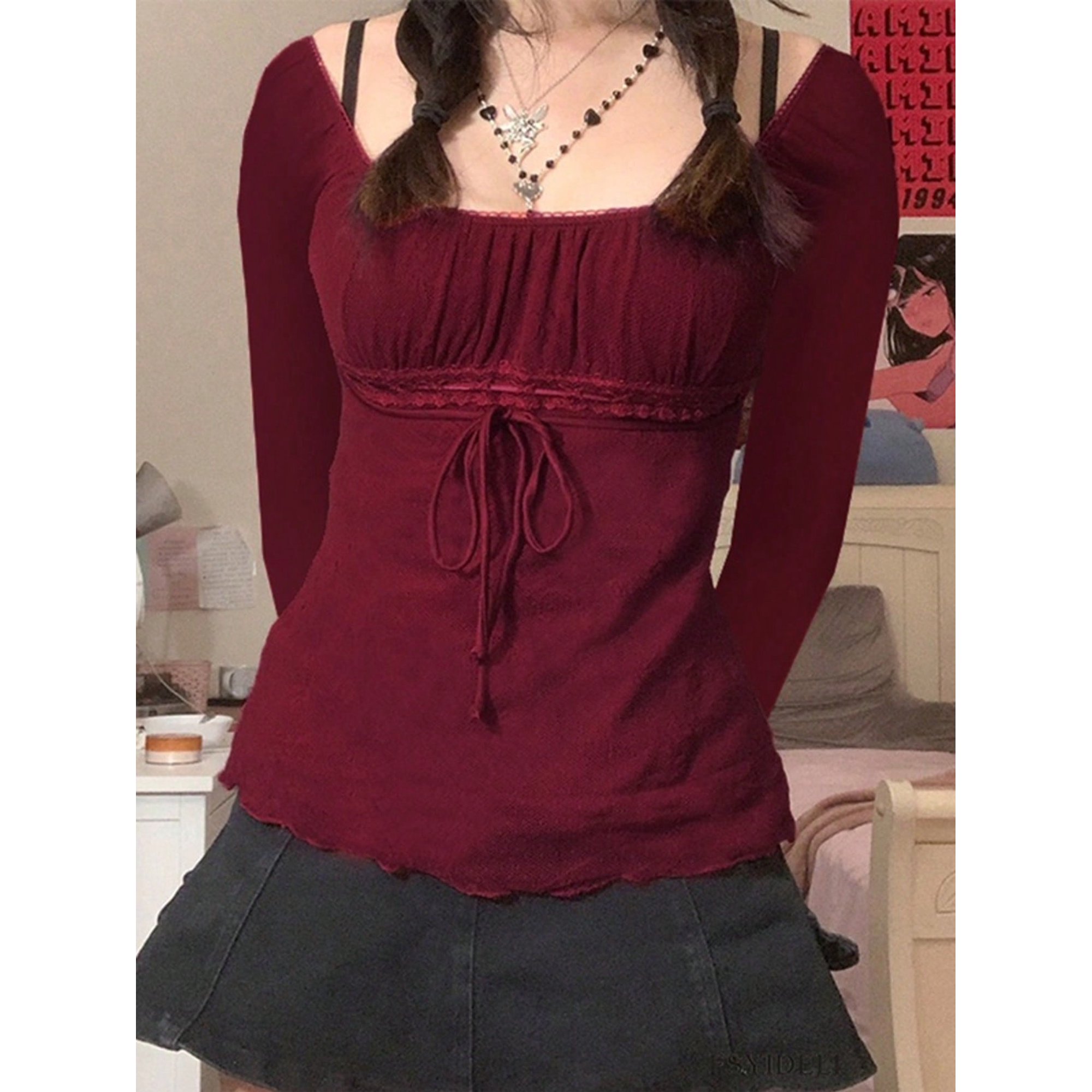 EMMIOL Langärmlige Bluse mit Spitzenbesatz und Bindeband vorne