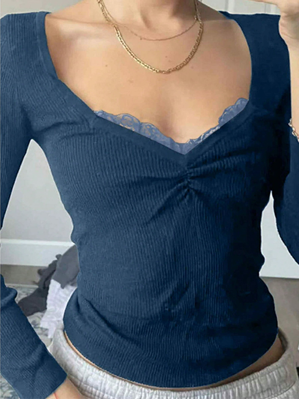 EMMIOL Top de punto negro de manga larga con ribete de encaje