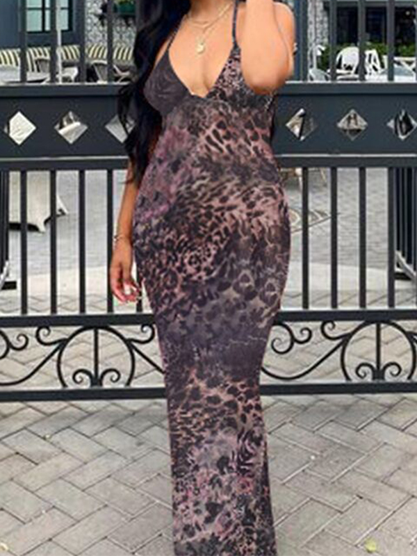EMMIOL Halter Neck Backless Slim Fit Printed Hip Wrap Maxi Dress