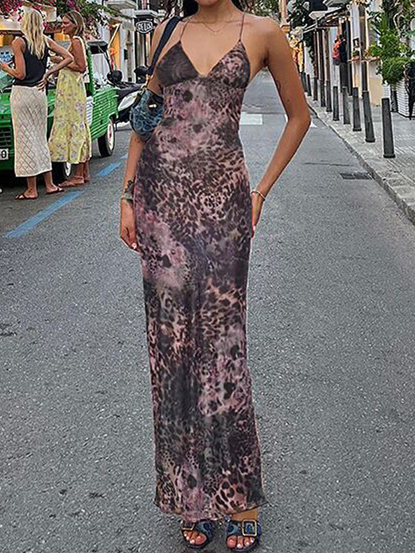 EMMIOL Halter Neck Backless Slim Fit Printed Hip Wrap Maxi Dress
