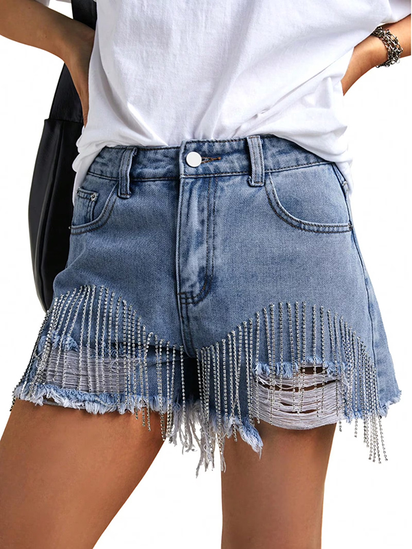 EMMIOL Pantaloncini in denim con catena e nappe strappate