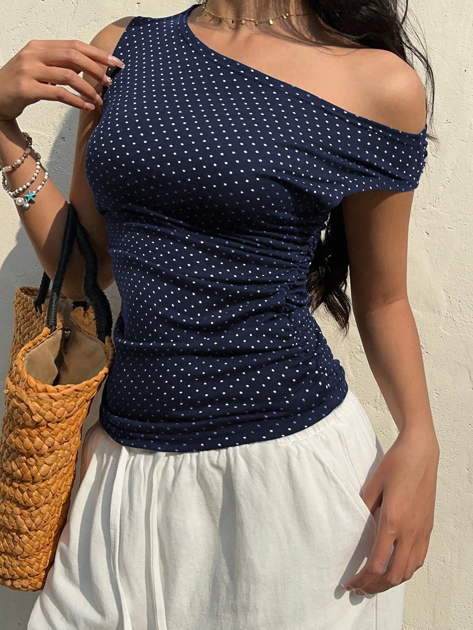 EMMIOL Women's Off Shoulder Sleeveless Polka Dot Tank Top