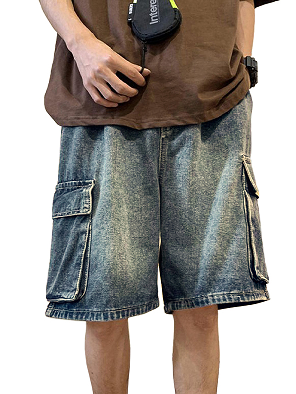 EMMIOL Men's Washed Loose Cargo Denim Shorts