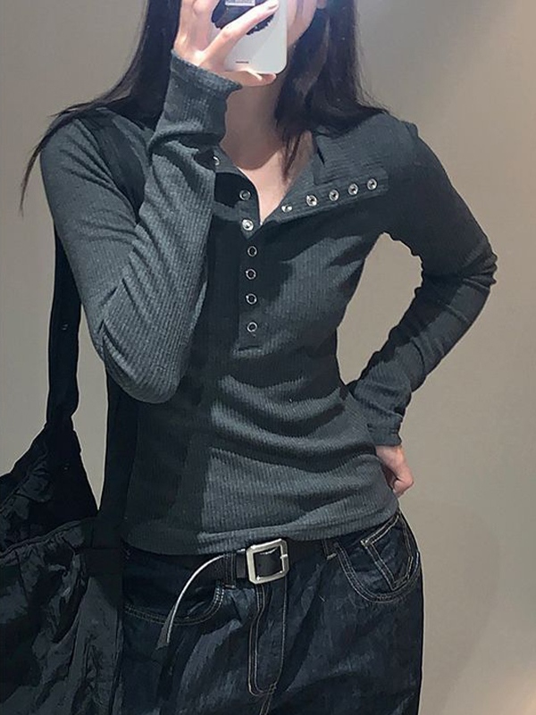 Emmiol Free shipping 2025 Solid Color Button Up Slim Knit Top Dark Gray ...