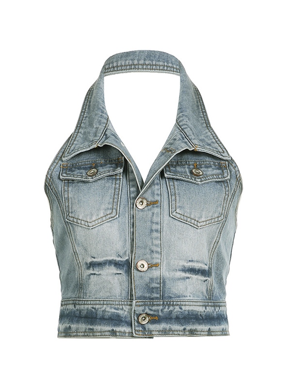 EMMIOL Denim Polo Neck Halter Tank Top