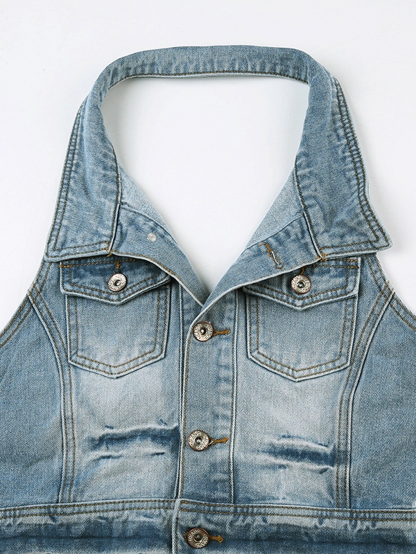 EMMIOL Denim Polo Neck Halter Tank Top