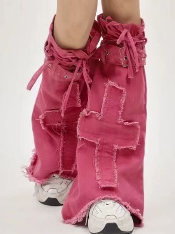 Emmiol Free shipping 2023 Cross Patchwork Lace Up Flare Leg Warmer Pink