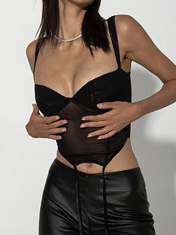 Emmiol Free shipping 2023 Black Mesh Low Cut Ribbon Decor Hem Cami Top Black S in Cami Tops