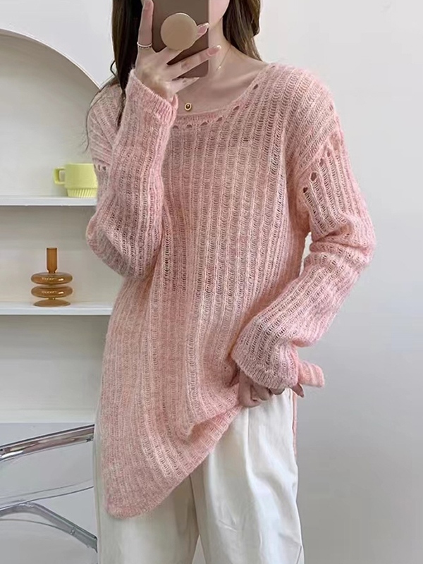 EMMIOL Solid Color Cutout Slit Thin Long Sleeve Knit