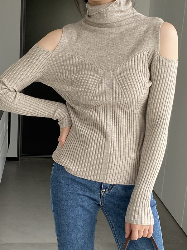 EMMIOL Gerippter, gespleißter Pullover mit Cut-Outs und hohem Halsausschnitt