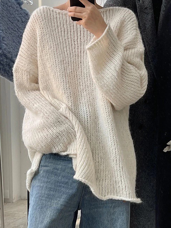 EMMIOL Solid Slit Rolled Baggy Sweater