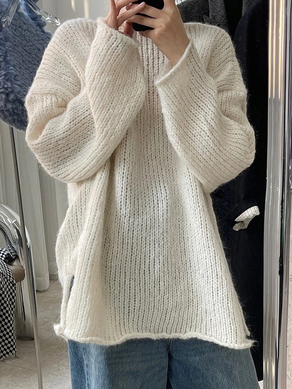 EMMIOL Solid Slit Rolled Baggy Sweater