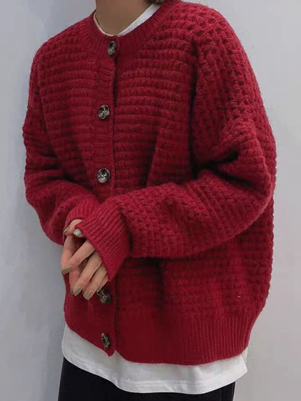 EMMIOL Vintage Solid Crew Neck Cardigan