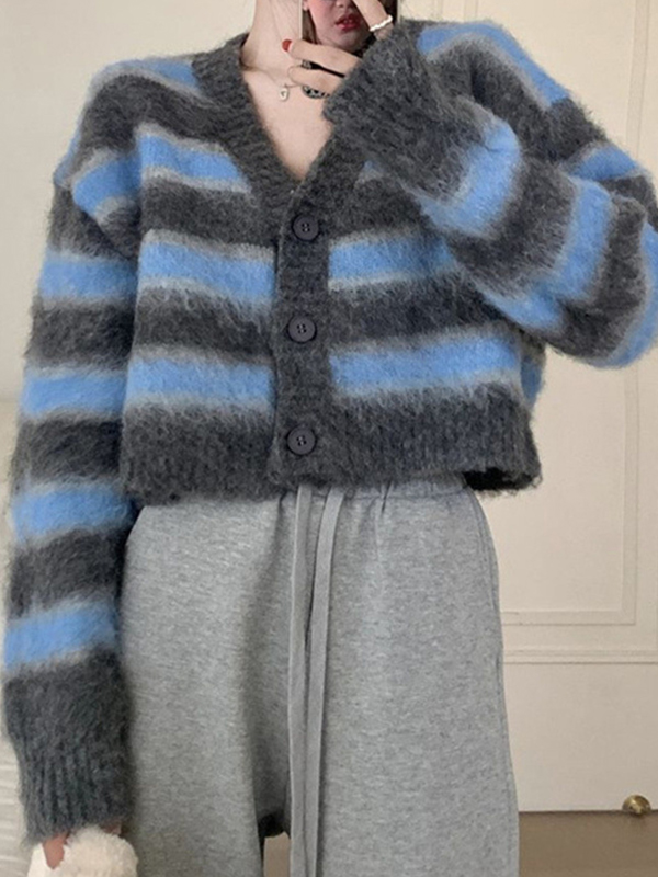 EMMIOL Cárdigan de punto corto con cuello en V a rayas de color en contraste