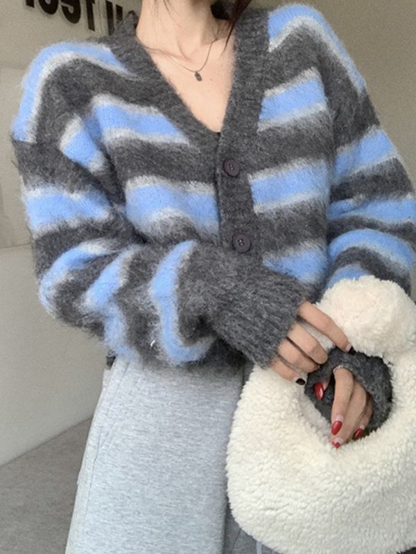 EMMIOL Cárdigan de punto corto con cuello en V a rayas de color en contraste