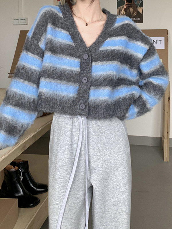 EMMIOL Cárdigan de punto corto con cuello en V a rayas de color en contraste